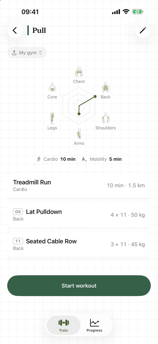 A Pull plan ready to start, with its exercises and radar