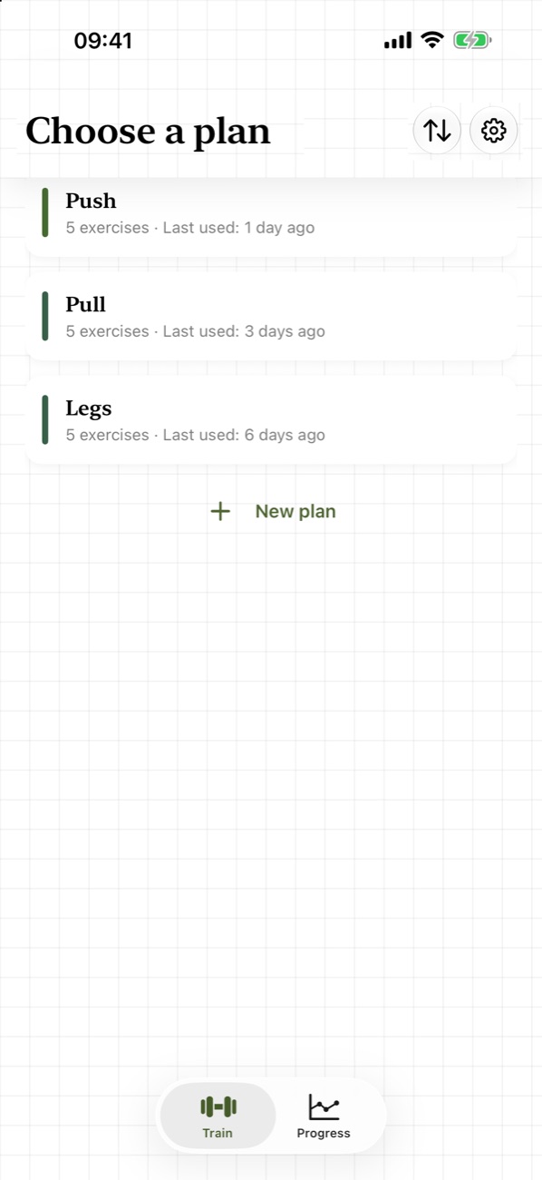 StrongList plan list with Push, Pull and Legs plans