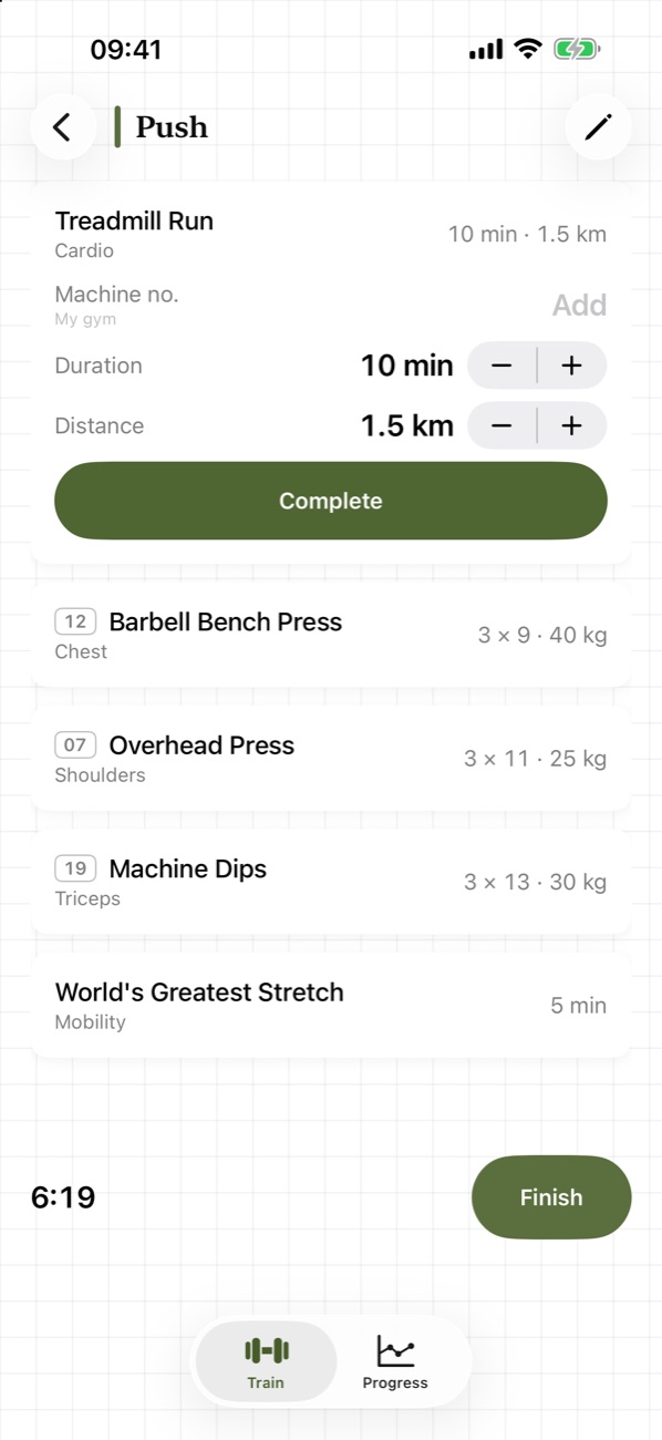 Logging a treadmill run during a Push workout